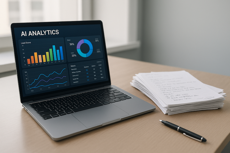 AI vs Manual Lead Scoring: Which Method Works Better? Article - open laptop with AI Analytics title on the screen and pie chart + bar chart
