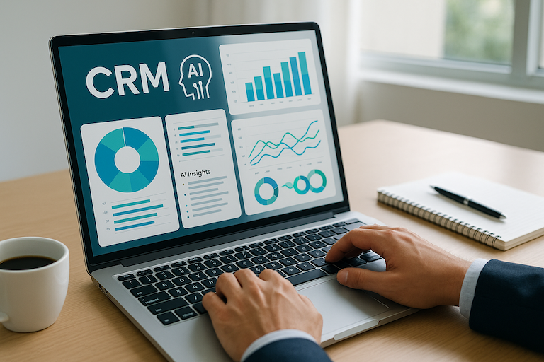 How to Implement AI in CRM Without Technical Expertise Article - open laptop with CRN title on the screen and pie charts