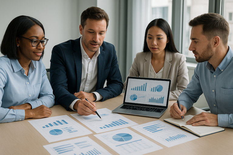 Essential Guide for Non-Technical Teams Article - four people sitting around a table pointing on printed papers with graphs and a laptop open