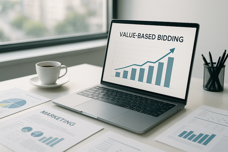 Reduce PPC Spend & Boost Marketing with Value-Based Bidding (VBB) Article - open laptop persenting leads conversion rates and analytics bars