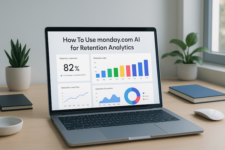 How To Use monday.com AI for Retention Analytics Article - leptop open with How To Use monday.com AI for Retention Analytics title on the screen and pie charts