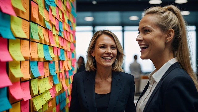 Two professionals loking at kanban board covered with postit notes